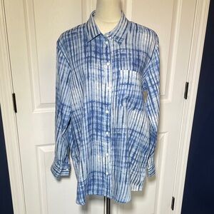 GAP Blue & White Linen Striped Tie Dye Collared Button Down Shirt Size Large